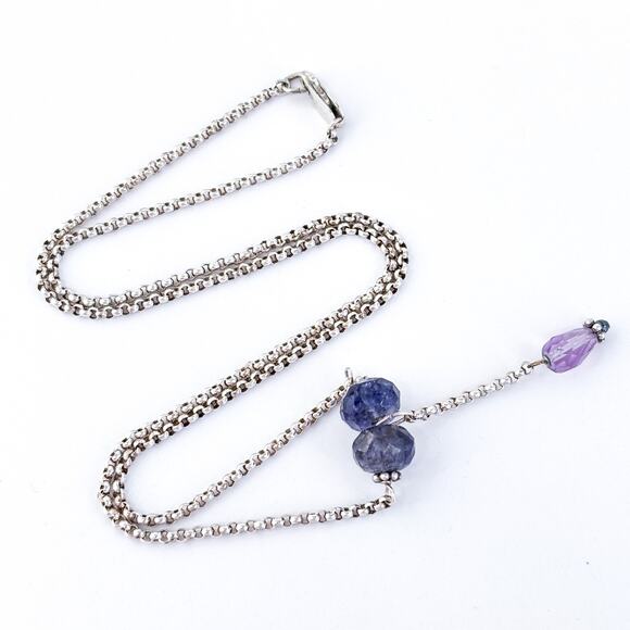 Vintage Sterling Silver 925 Amethyst Drop Rolo Chain Necklace 18.5" - Picture 2 of 5